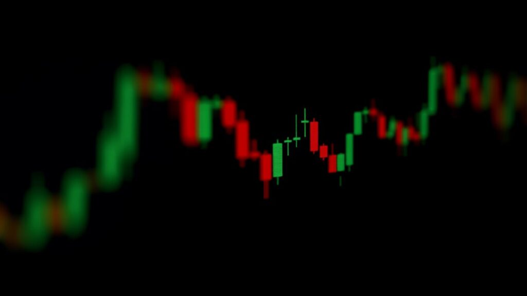 Gráfico de candles do dólar futuro com forte amplitude e movimento, velas verdes e vermelhas em fundo escuro