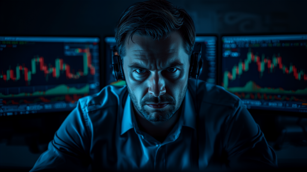 Trader profissional concentrado diante de vários monitores com gráficos de candles do mercado financeiro
