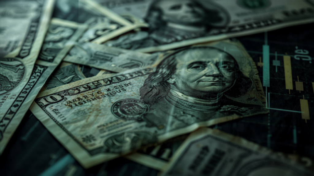 Notas de dólar americano sobre um gráfico de candles do mercado financeiro