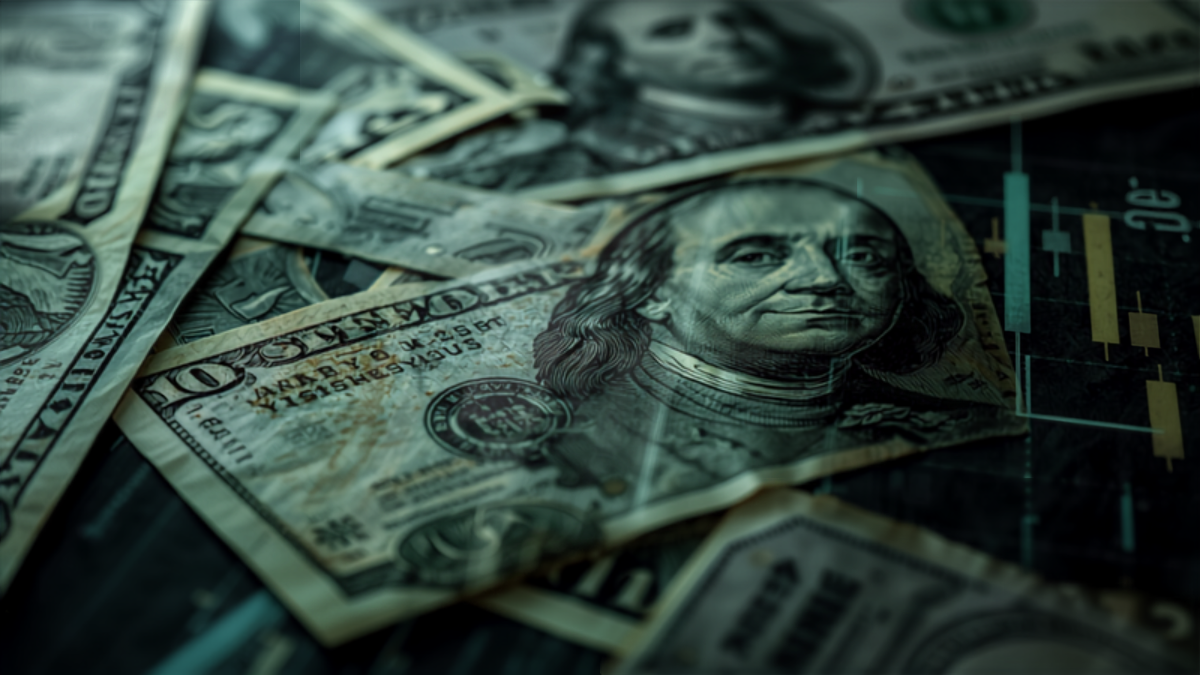 Notas de dólar americano sobre um gráfico de candles do mercado financeiro