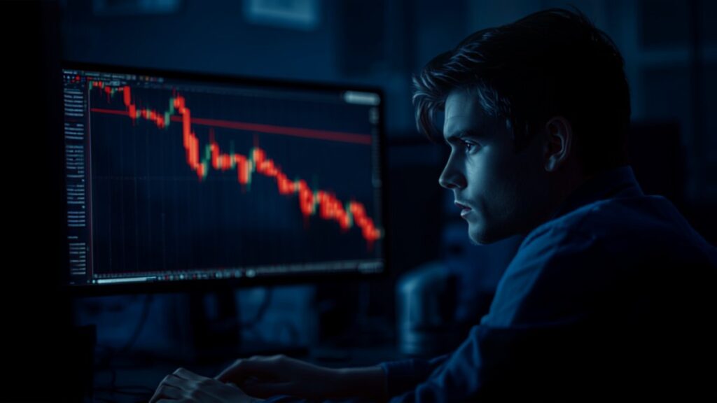 Trader iniciante observando um gráfico de candles em queda com velas vermelhas na tela