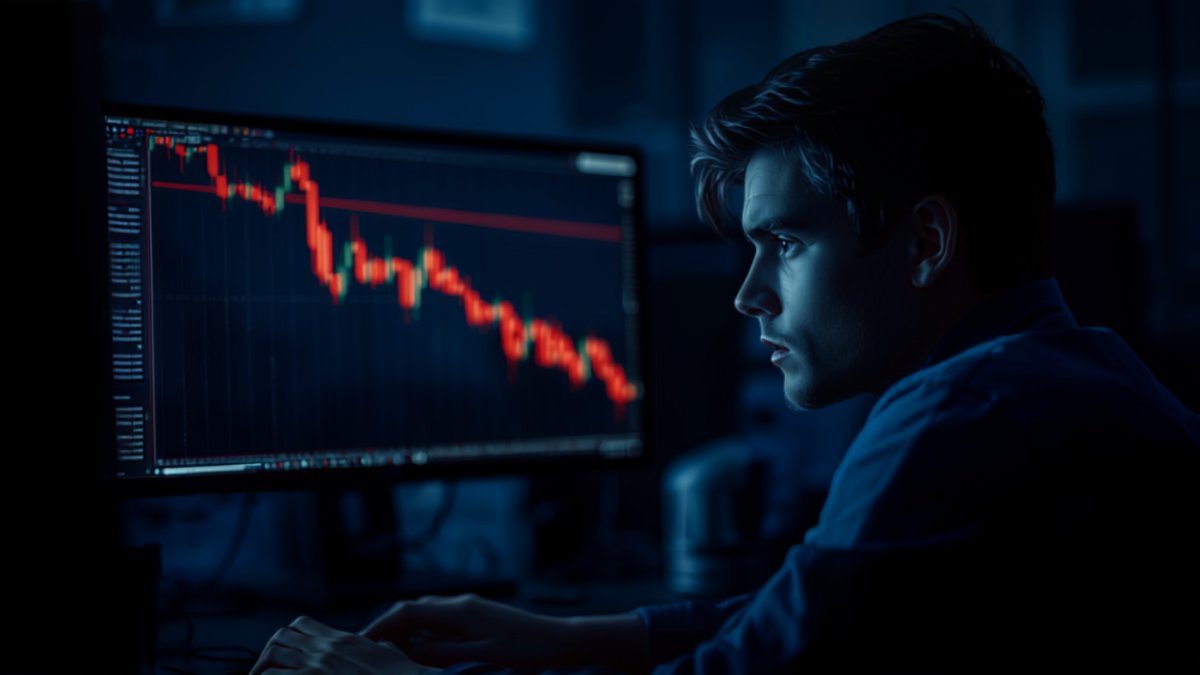 Trader iniciante observando um gráfico de candles em queda com velas vermelhas na tela