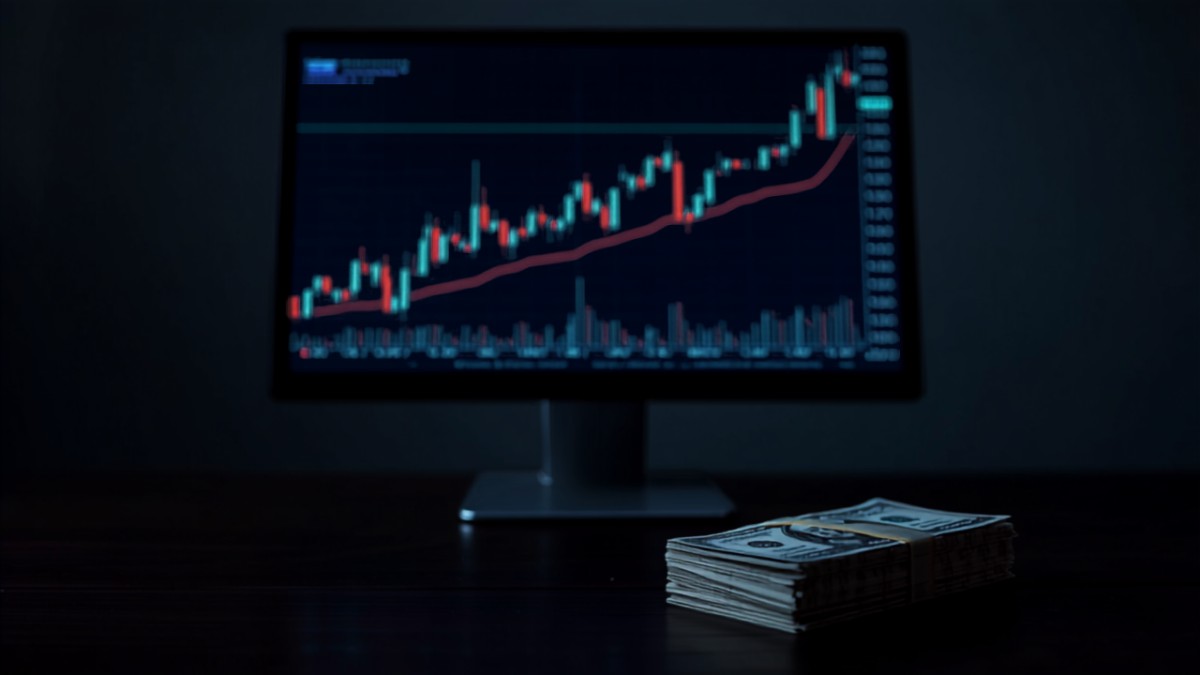 Notas de dólar ao lado de monitor com gráfico de candles do dólar futuro