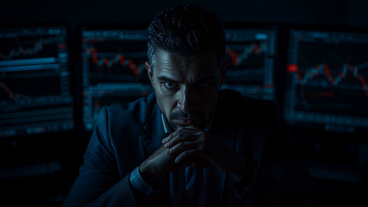 Trader pensativo e concentrado diante de monitores com gráficos de candles em ambiente escuro