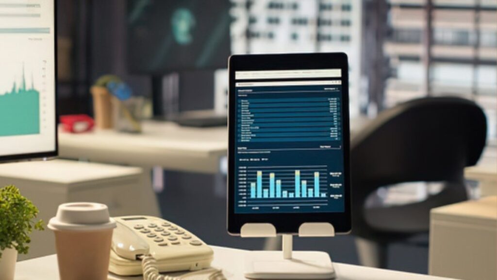 Mesa de operações com tela exibindo dados e gráfico financeiro, ambiente profissional de day trade