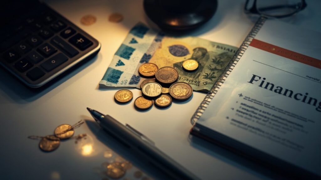 Moedas, notas de real, calculadora e caderno de planejamento financeiro sobre uma mesa