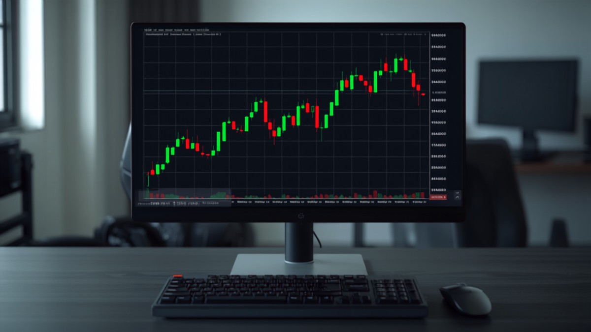 Tela de trading com gráfico de candles do mini dólar em mesa de operações