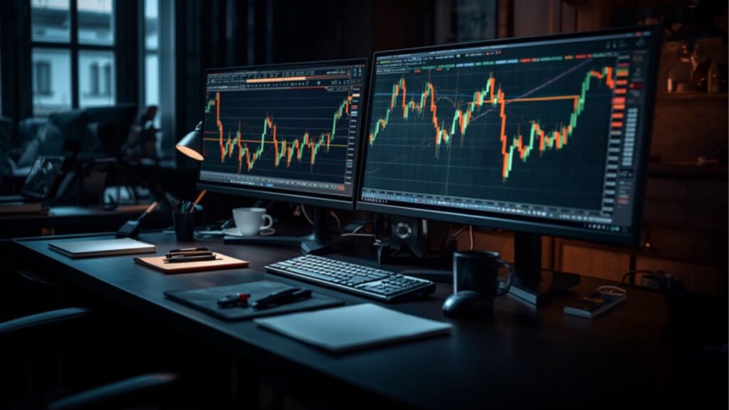 Mesa de operações de day trade com dois monitores exibindo gráficos de candles do mercado financeiro