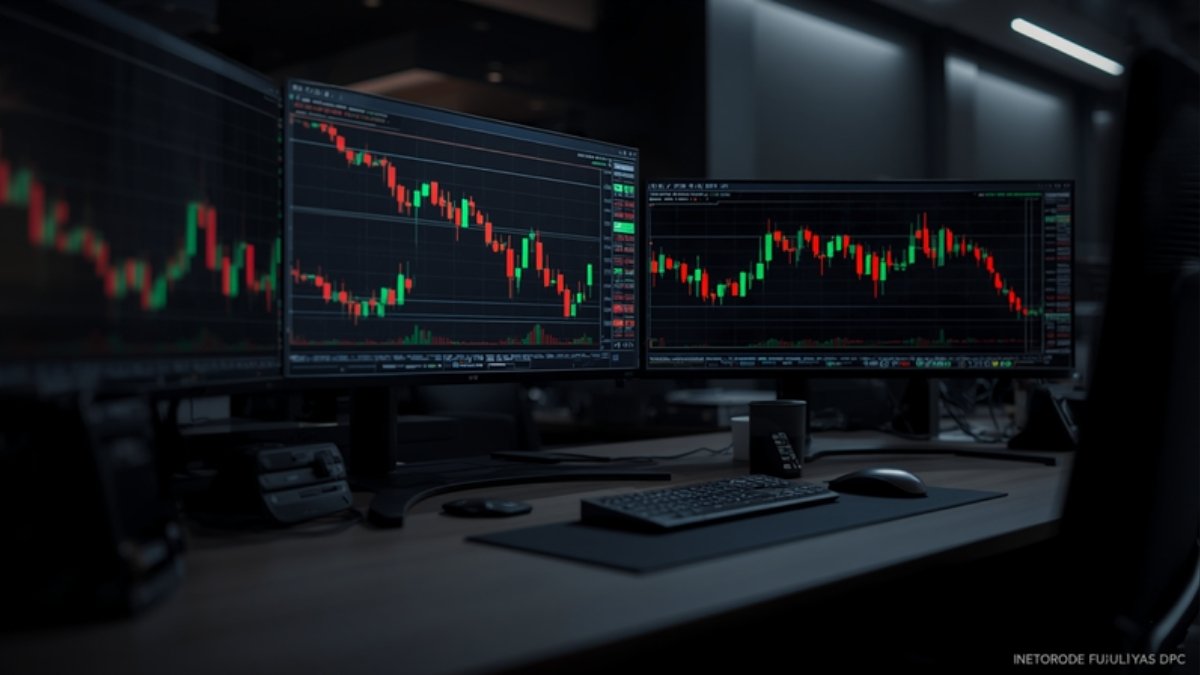 Mesa de operações com monitores exibindo gráficos de candles do dólar futuro