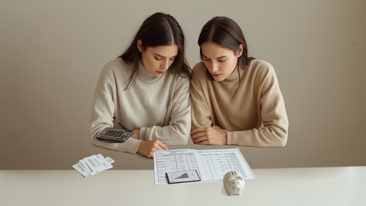 Casal fazendo planejamento financeiro familiar com planilha, calculadora e cofrinho na mesa