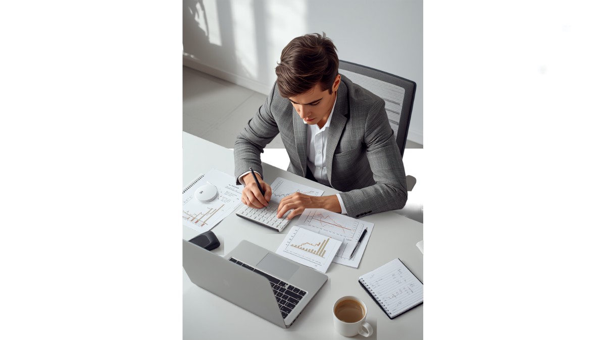 Jovem recém-formado analisando gráficos de planejamento financeiro em uma mesa com laptop