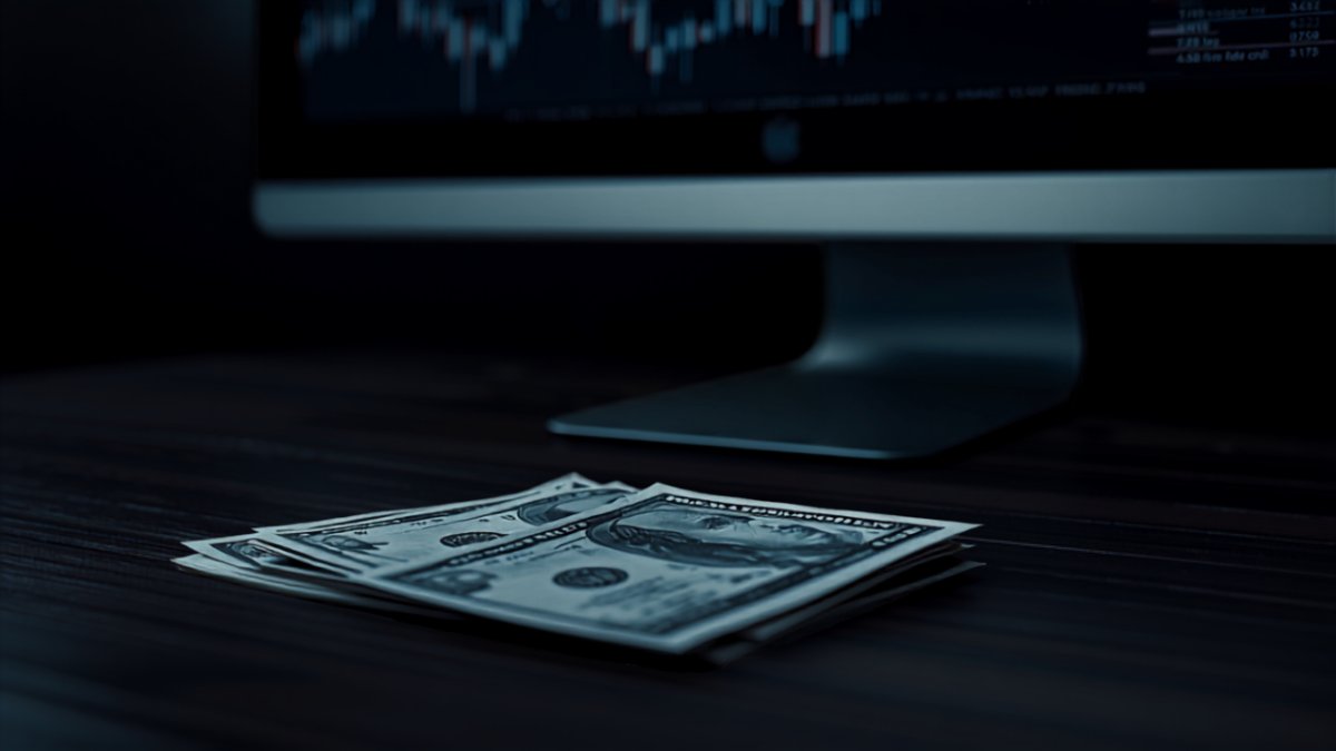 Cédulas de dólar ao lado de tela com gráfico de candles e níveis de preço