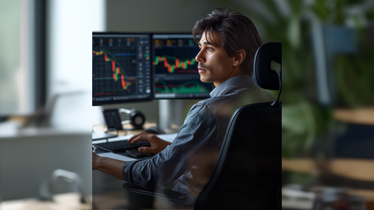 Trader concentrado analisando gráfico de mercado no computador