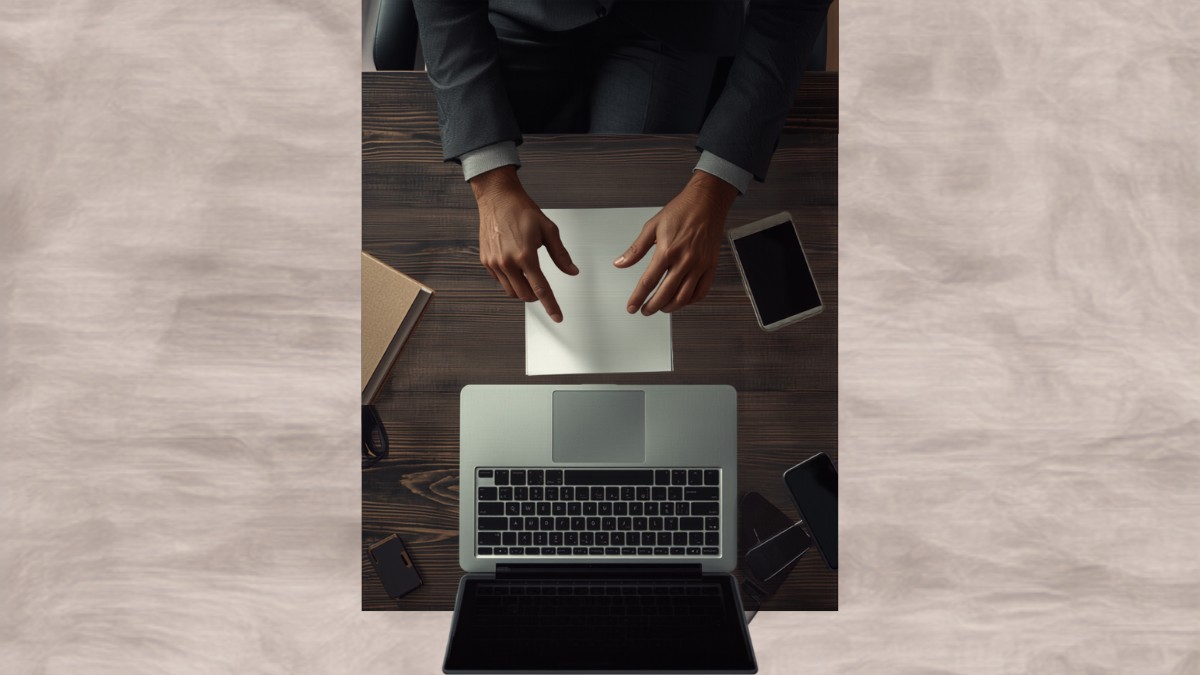 Pessoa organizando anotações e notebook sobre a mesa, representando investir em você mesmo e priorizar o próprio desenvolvimento