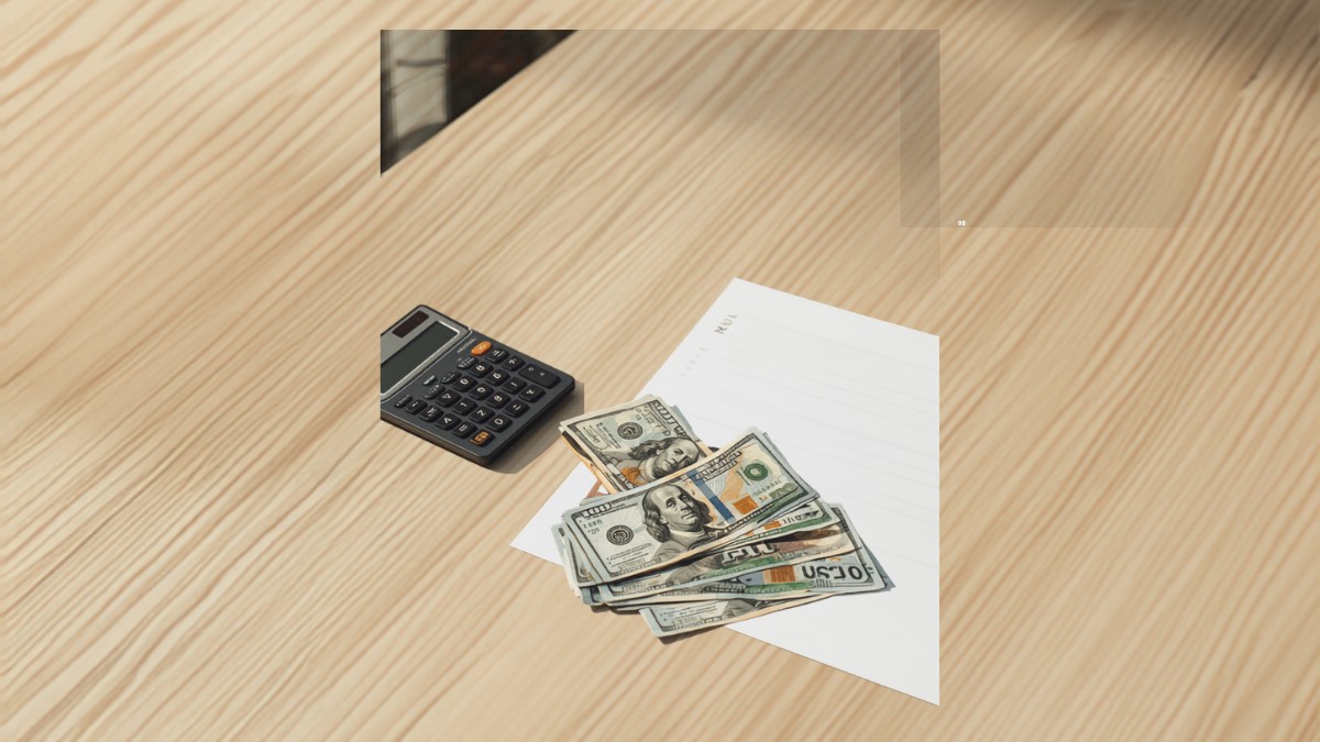 Notas de dinheiro e calculadora sobre mesa de madeira, representando o cálculo do número financeiro real e clareza financeira