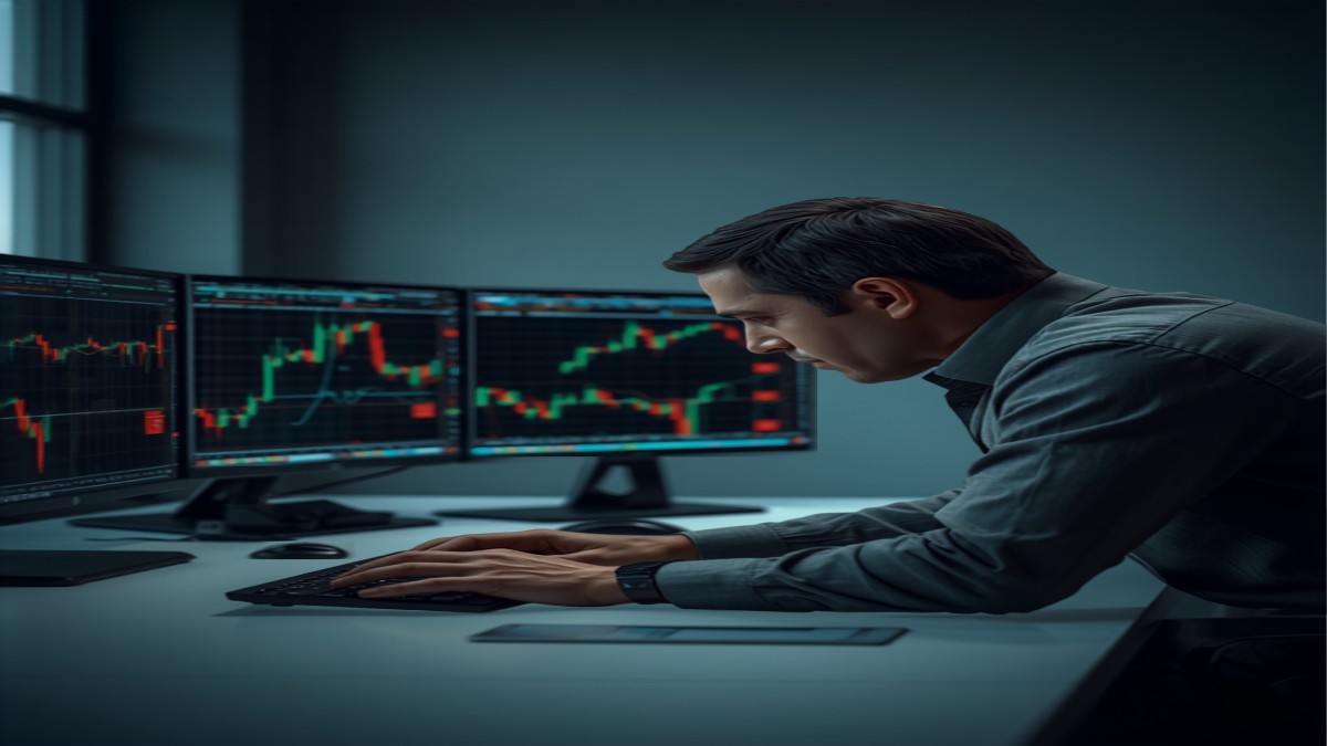 Trader concentrado operando com múltiplos monitores exibindo gráficos do mercado financeiro