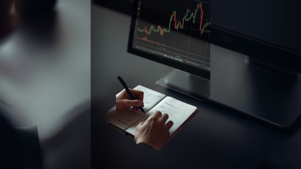 Trader escrevendo em um diário de operações ao lado de um monitor com gráfico de candles, representando disciplina e plano de trading