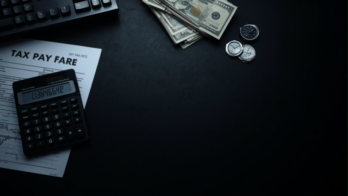 Calculadora, formulário de imposto e notas de dólar sobre mesa escura, representando o imposto de renda no day trade