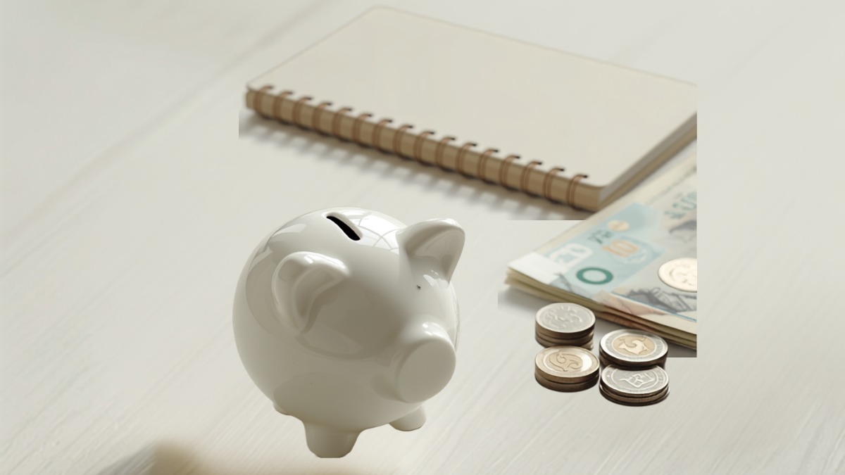Cofrinho branco ao lado de moedas empilhadas notas de dinheiro e caderno sobre mesa clara
