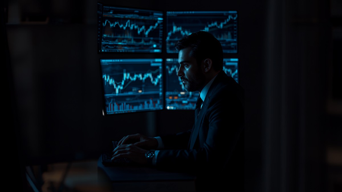 Trader analisando níveis de preço em gráfico do mini dólar em múltiplos monitores