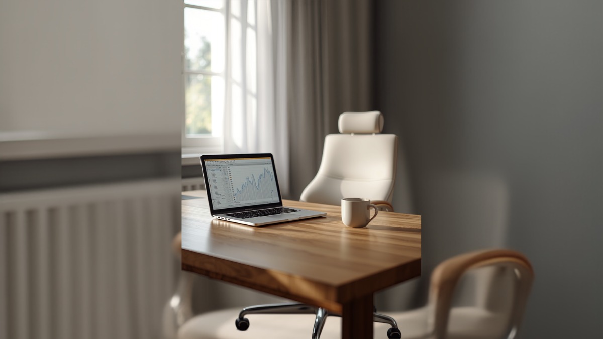 Mesa de home office com notebook aberto mostrando grafico, cadeira e janela com luz natural