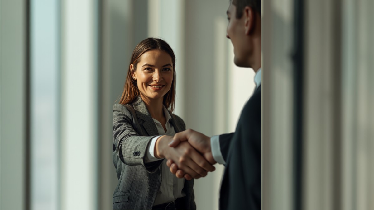 Duas pessoas apertando as mãos em ambiente corporativo, com expressão de desconfiança sutil