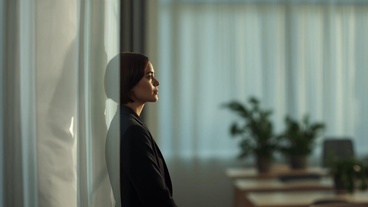 Pessoa pensativa olhando pela janela em um ambiente de trabalho, representando reflexão sobre mentalidade financeira e responsabilidade pelos resultados