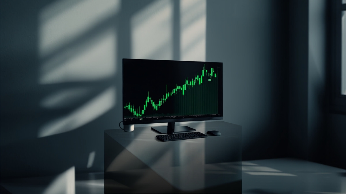 Monitor de computador em uma mesa de escritório mostrando um gráfico de candles verde em tendência de alta, representando renda com dividendos