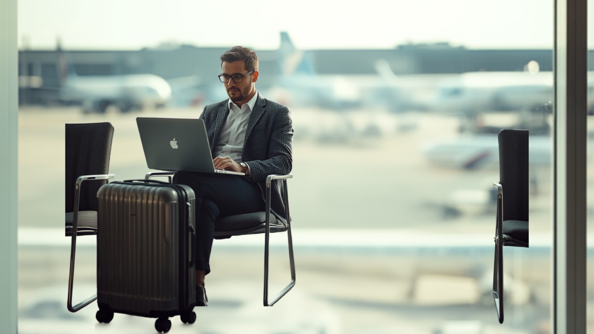 Pessoa trabalhando em notebook em ambiente de aeroporto, representando a liberdade de operar de qualquer lugar