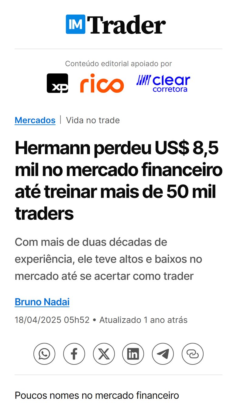InfoMoney: Hermann perdeu US$ 8,5 mil no mercado financeiro até treinar mais de 50 mil traders