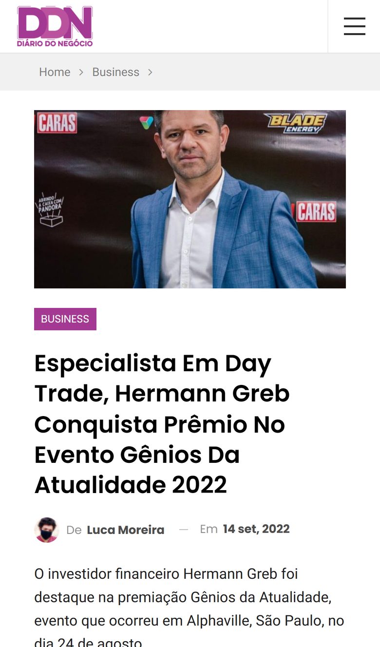 Diário do Negócio: Especialista em Day Trade, Hermann Greb conquista prêmio no evento Gênios da Atualidade 2022