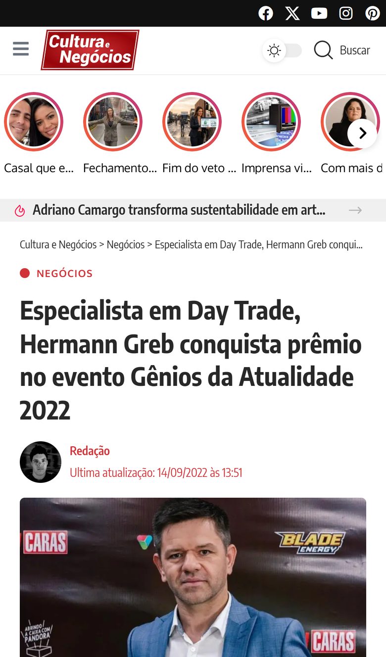 Cultura e Negócios: Especialista em Day Trade, Hermann Greb conquista prêmio no evento Gênios da Atualidade 2022
