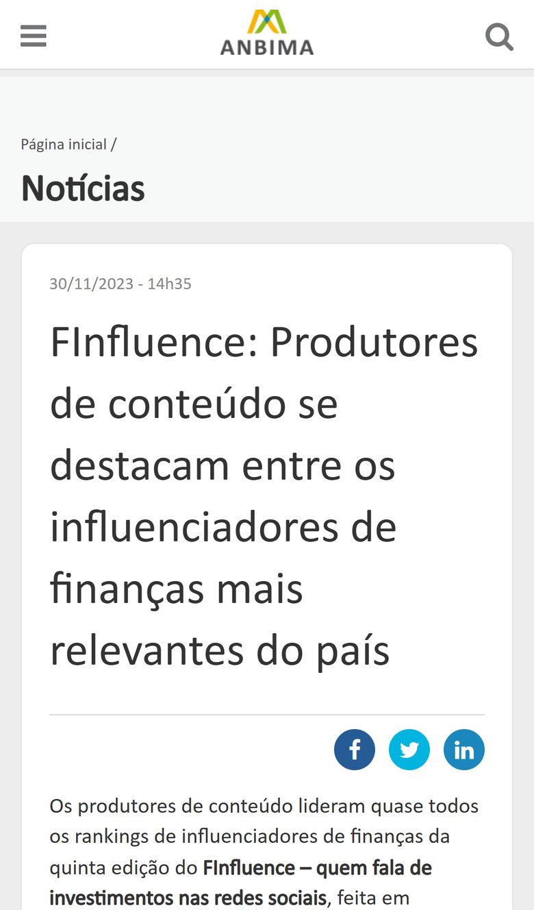 ANBIMA: FInfluence: produtores de conteúdo se destacam entre os influenciadores de finanças mais relevantes do país
