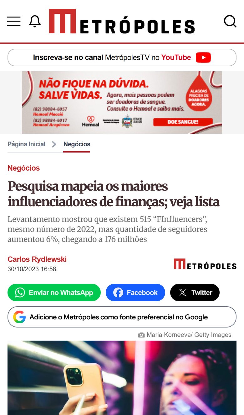 Metrópoles: Pesquisa mapeia os maiores influenciadores de finanças; veja lista