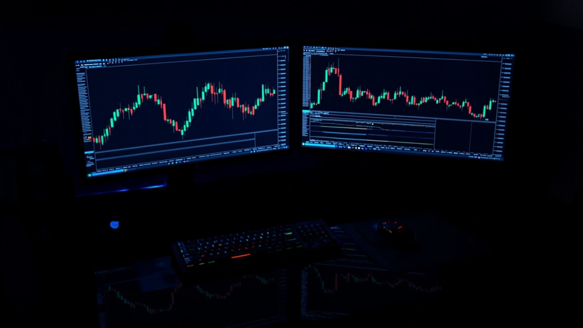 Mesa de operações com monitores exibindo gráficos, ambiente de treino no replay de mercado do mini dólar