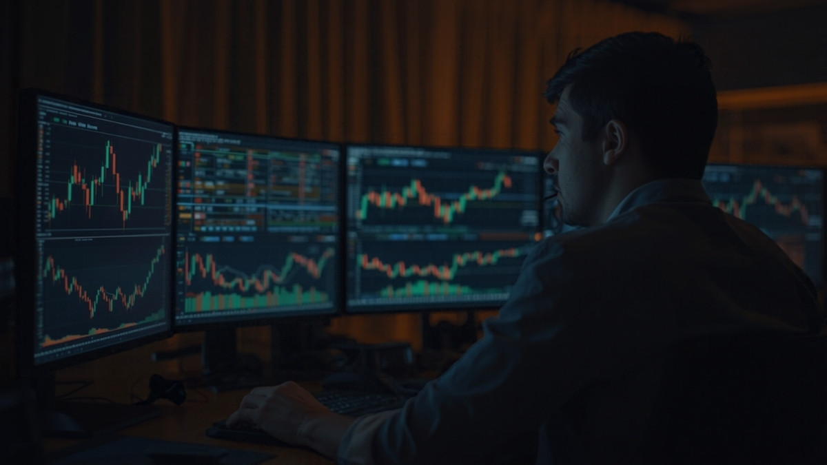 Trader analisando gráficos de candles do mini dólar em vários monitores numa mesa de operações