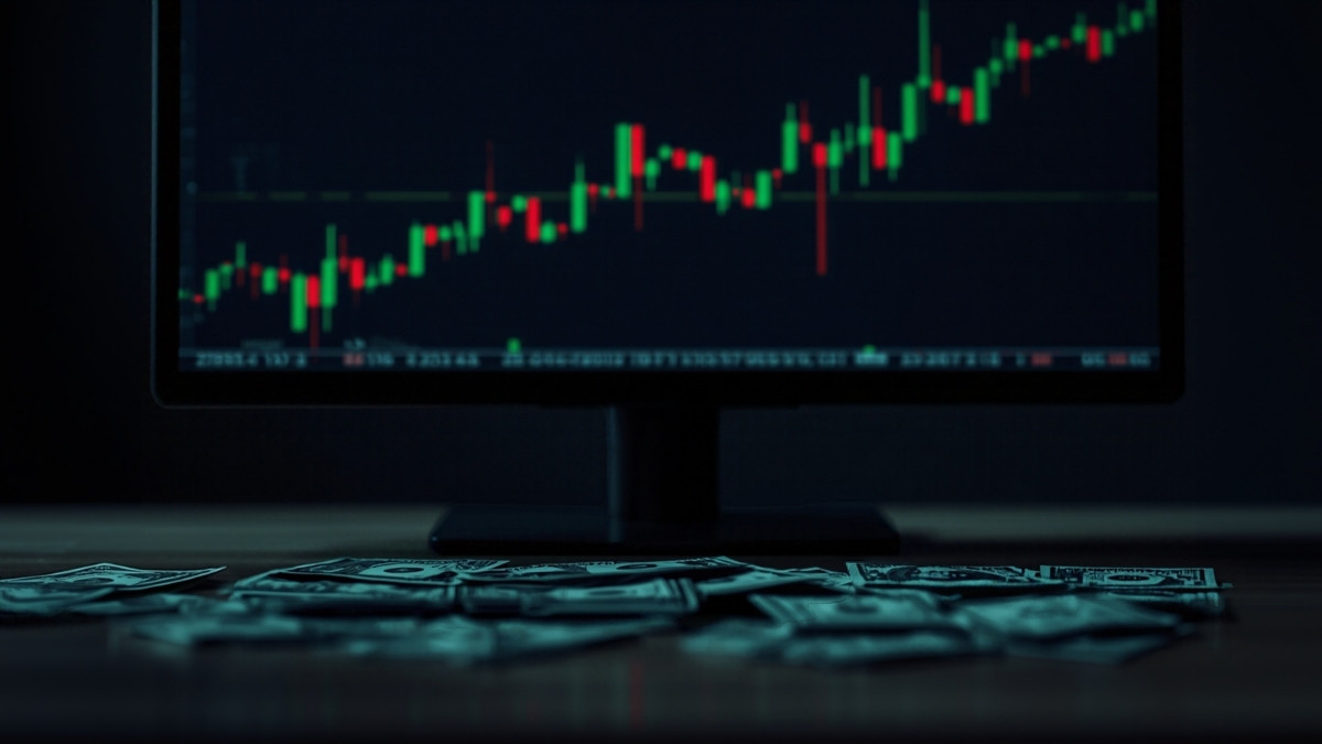 Tela com gráfico de candles do mini dólar e notas de dólar sobre a mesa, ilustrando o stop técnico